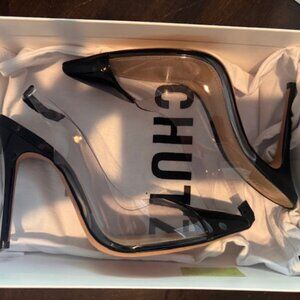 Schutz Vinyl and Black Patent Stiletto Slingback Heels